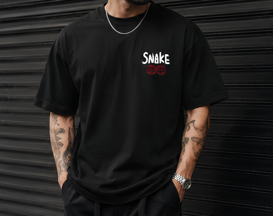 Snake Samurai Graphic T-Shirt – Japanese Streetwear Oversized T-Shirt | Vintage Snake, Rose & Katana Back Print