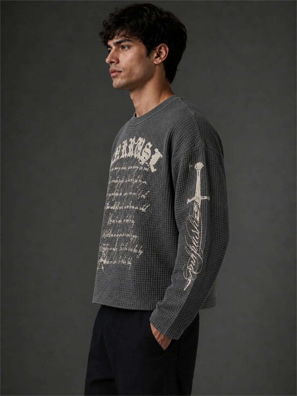 PREMIUM BOXY FIT GRAPHIC WAFFLE T-SHIRT – GREY