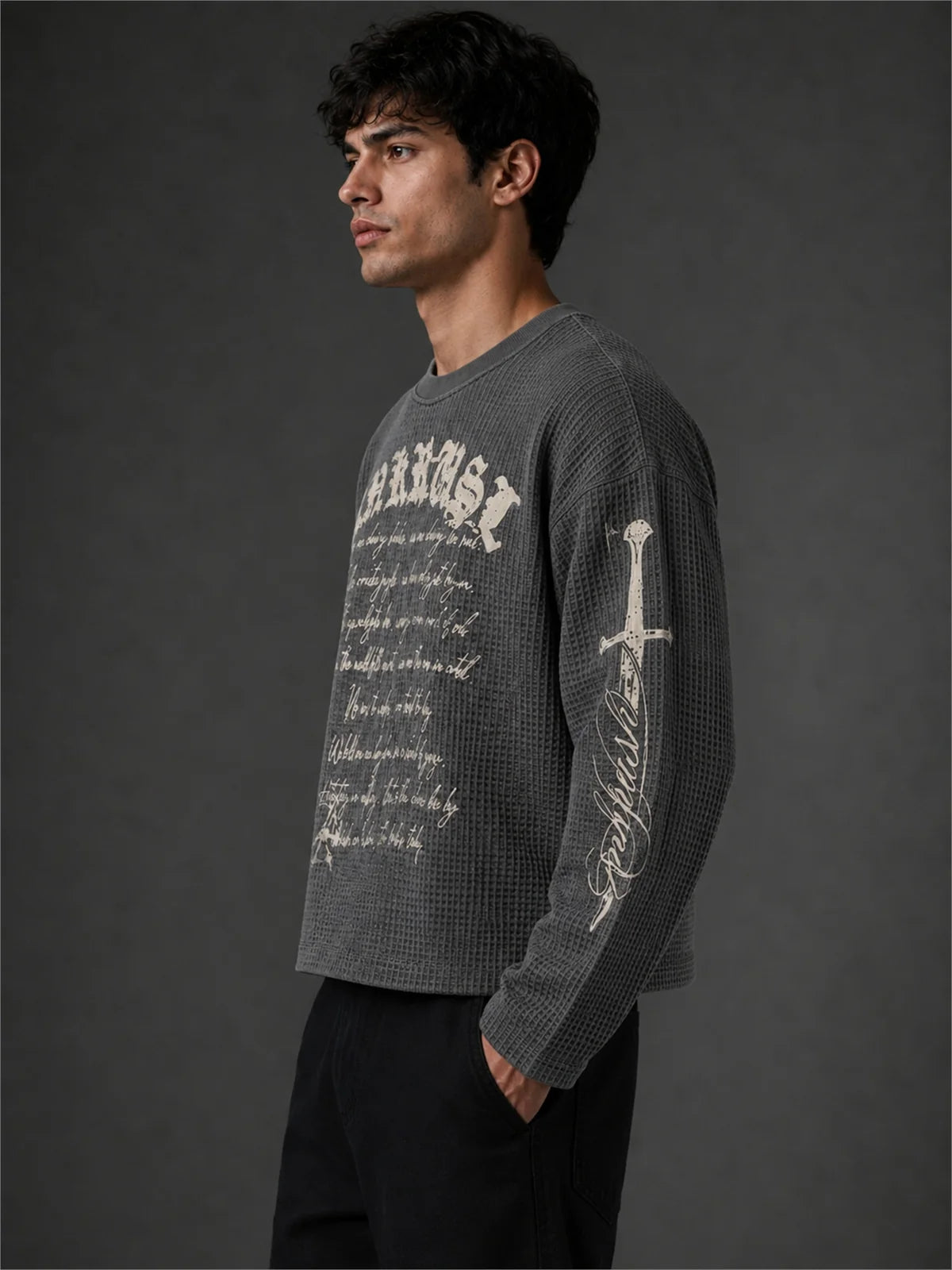 PREMIUM BOXY FIT GRAPHIC WAFFLE T-SHIRT – GREY