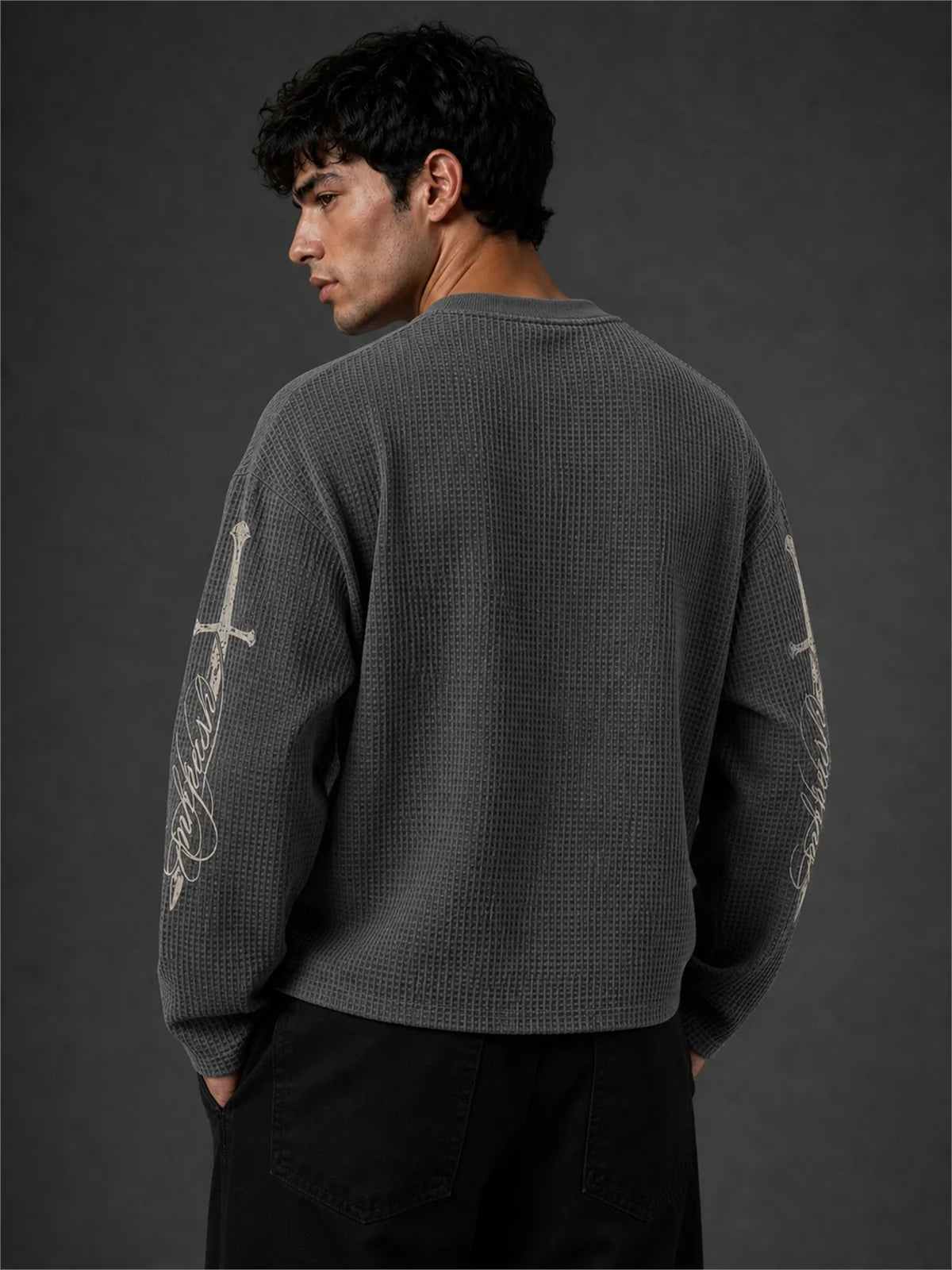 PREMIUM BOXY FIT GRAPHIC WAFFLE T-SHIRT – GREY