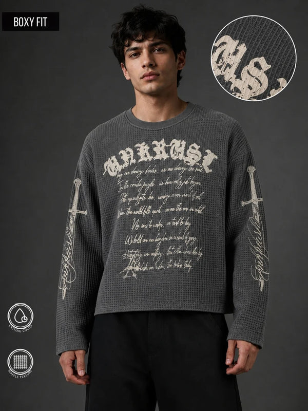 PREMIUM BOXY FIT GRAPHIC WAFFLE T-SHIRT – GREY